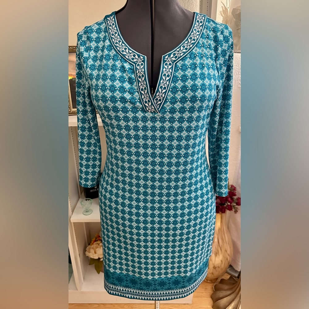 Magnolia Grace Alhambra Embroidered Trim Knit Dress Teal Size M Retro Boho